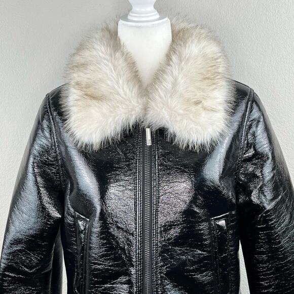Revolve Unreal Fur Wet Look Aviator Biker Jacket Faux Leather/Fur Black L NWT - Picture 4 of 16